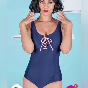 Blue and Pink One Piece Swimsuit with Nautical Lace-Up NWOT